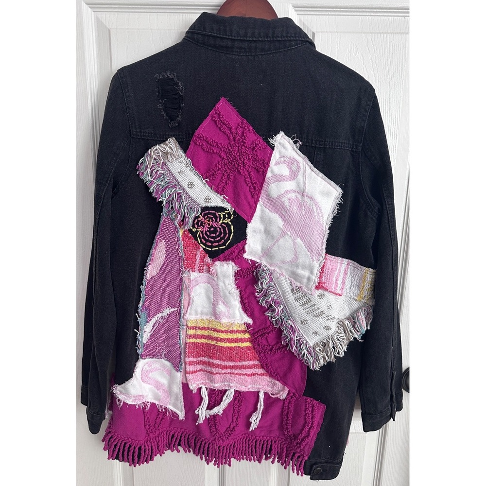 NWT Black Denim Jacket L Patchwork Wearable Art Boho Y2K Fringe Embroidered